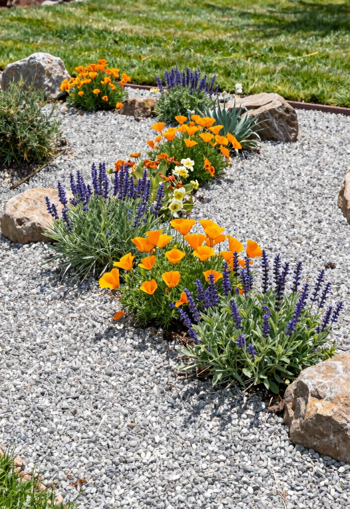 12 Front Yard Landscaping Ideas with Rocks for Low Water Easy Care Design - 5. Gravel Mulched Flower Beds 1