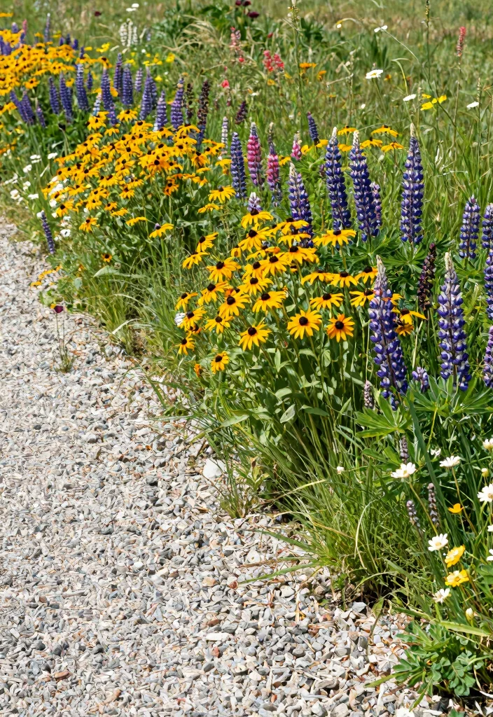 12 Pea Gravel Flower Bed Ideas for Drainage Texture and Low Maintenance - 7. Wildflower Meadows with Pea Gravel Borders 1