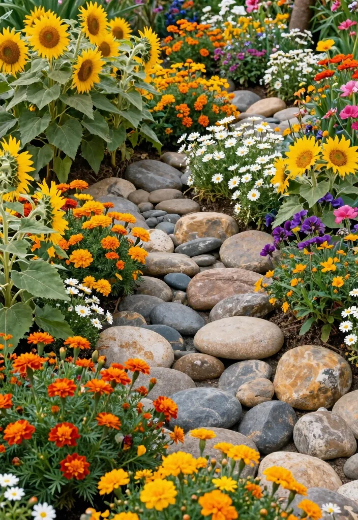 12 River Rock Flower Bed Ideas for Clean Drainage and Visual Contrast 3 12 River Rock Flower Bed Ideas for Clean Drainage and Visual Contrast - 3. Colorful Chaos: Mixed Flower and Stone Beds 1