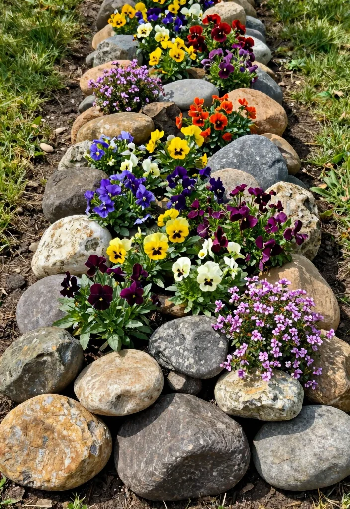 12 River Rock Flower Bed Ideas for Clean Drainage and Visual Contrast 5 12 River Rock Flower Bed Ideas for Clean Drainage and Visual Contrast - 5. Vertical Beauty: Rock and Flower Stacks 1