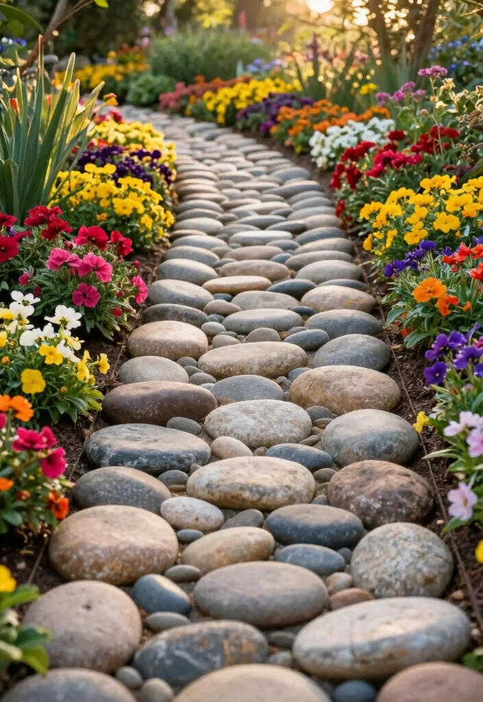 12 River Rock Flower Bed Ideas for Clean Drainage and Visual Contrast 6 12 River Rock Flower Bed Ideas for Clean Drainage and Visual Contrast - 6. River Rock Pathways: Connecting Flower Beds 1