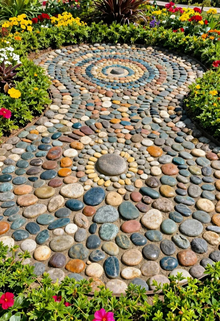 12 River Rock Flower Bed Ideas for Clean Drainage and Visual Contrast 7 12 River Rock Flower Bed Ideas for Clean Drainage and Visual Contrast - 7. Artistic Arrangement: Mosaic Rock Patterns 1