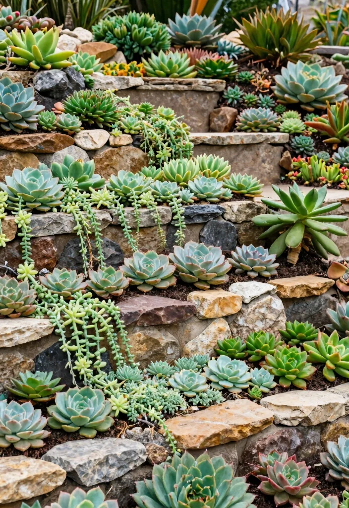 12 Rock Garden Bed Ideas for Natural Texture and Drought Tolerant Style - 7. Succulent Terraces 1