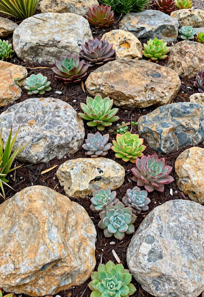 12 Rock and Mulch Landscaping Ideas for Clean Contrast and Weed Control - 4. Rock Gardens with Succulents 1