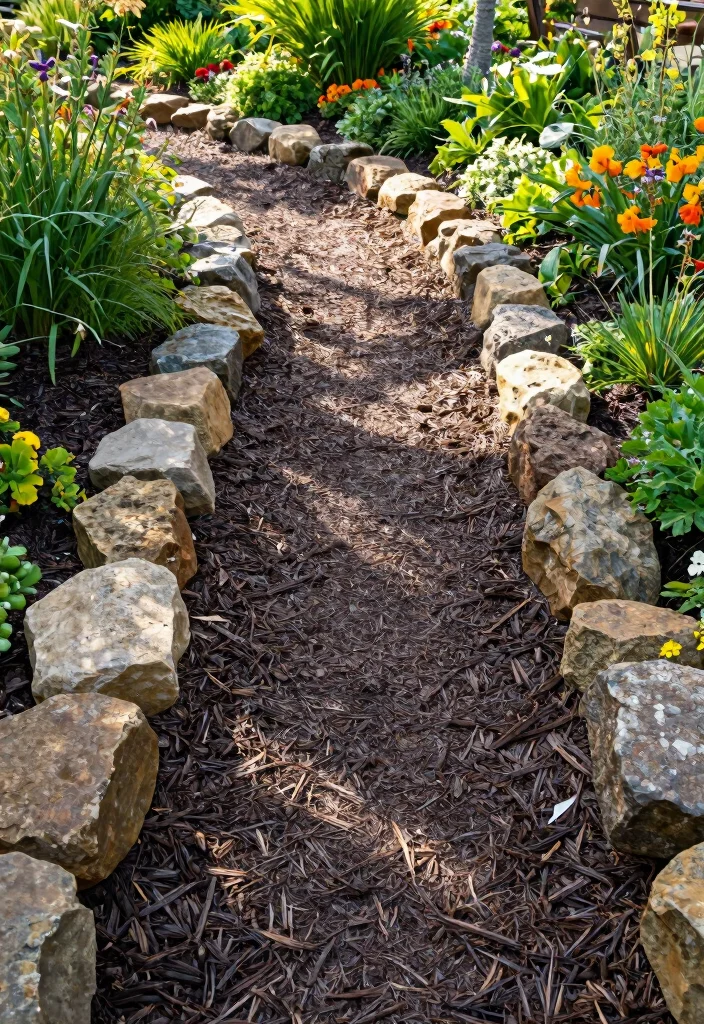 12 Rock and Mulch Landscaping Ideas for Clean Contrast and Weed Control - 8. Mulch Paths with Stone Edging 1
