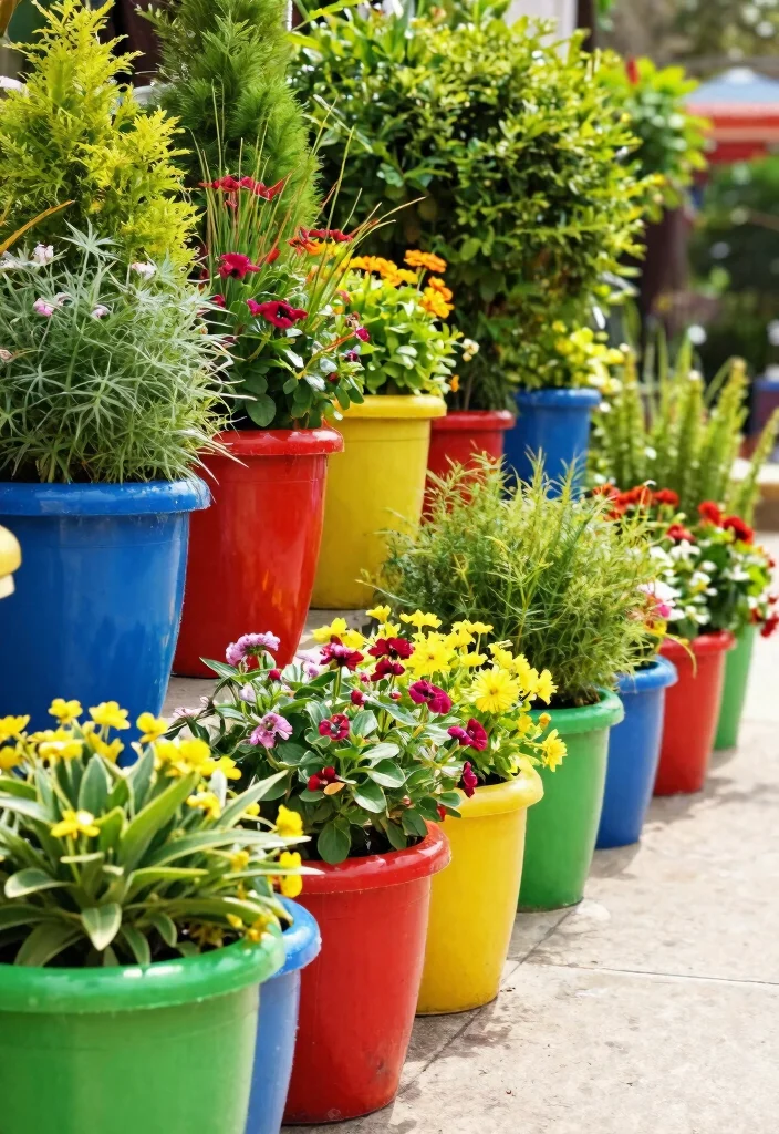 12 Side Yard Landscaping Ideas for Functional Walkways and Green Space - 7. Incorporate Colorful Planters 1