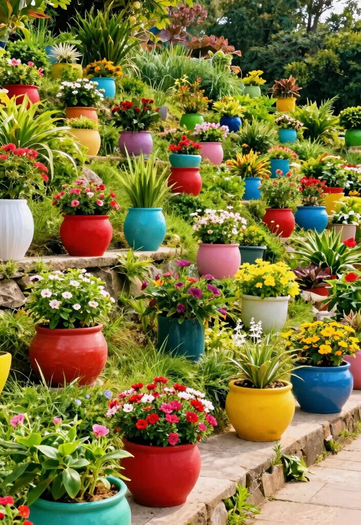 14 Backyard Hillside Landscaping Ideas for Terraced Stable and Scenic Spaces - 10. Use Colorful Planters for Visual Interest 1
