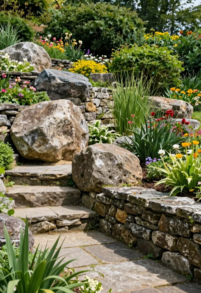14 Backyard Hillside Landscaping Ideas for Terraced Stable and Scenic Spaces - 12. Incorporate Natural Stone Features 1