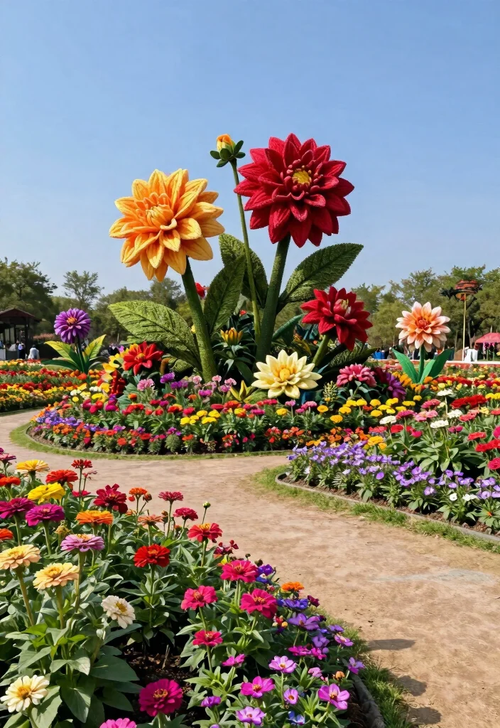 14 Front Garden Flower Bed Ideas for Layered Color and Structure - 13. Artistic Floral Sculptures 1