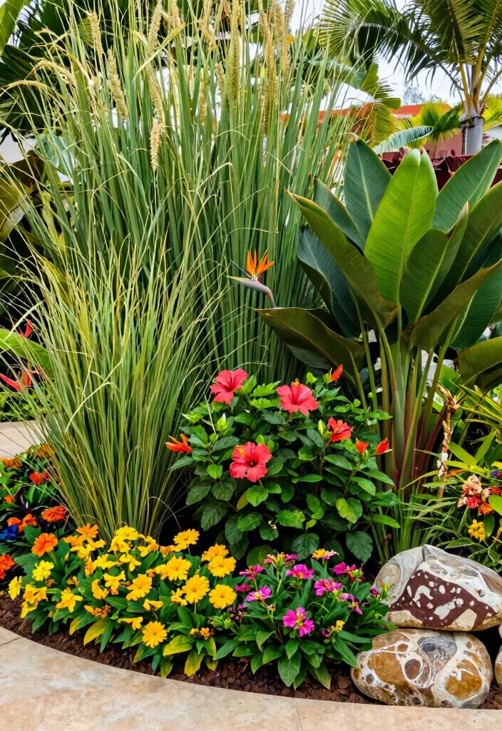 14 Front Garden Flower Bed Ideas for Layered Color and Structure - 7. Tropical Vibes 1