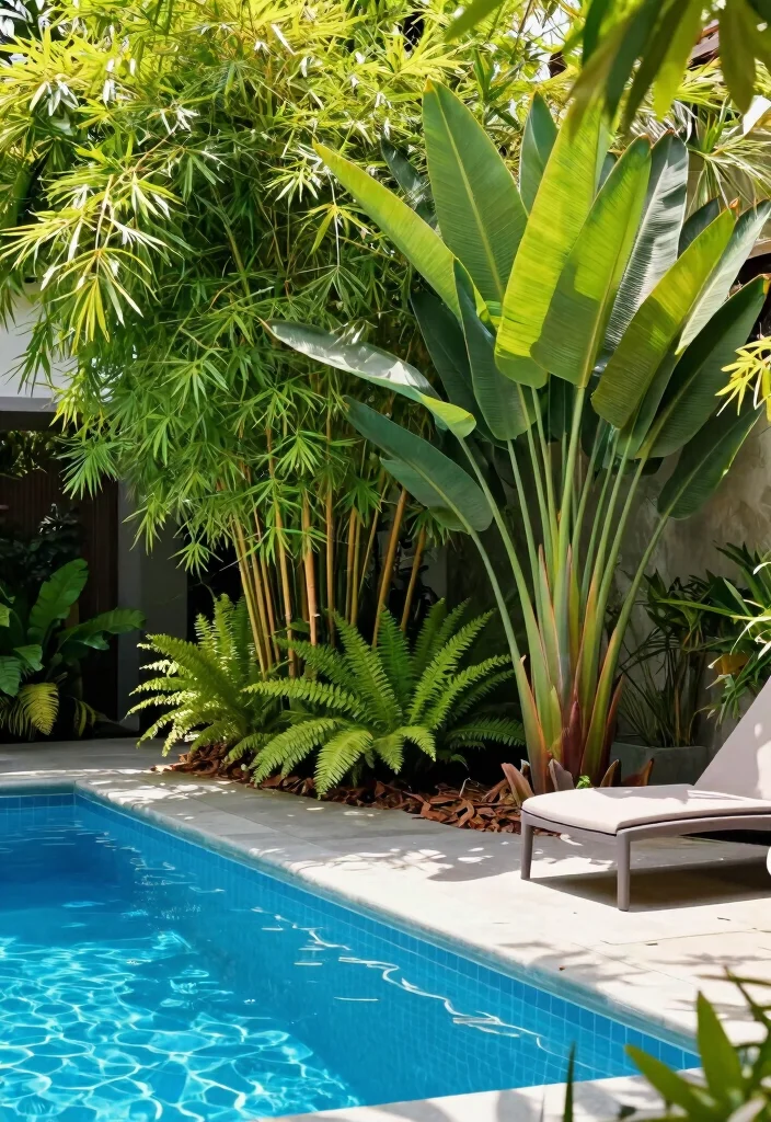 14 Poolside Landscaping Ideas for Shade, Safety, and Easy Care Beauty - 1. Embrace Tropical Shade Plants 1