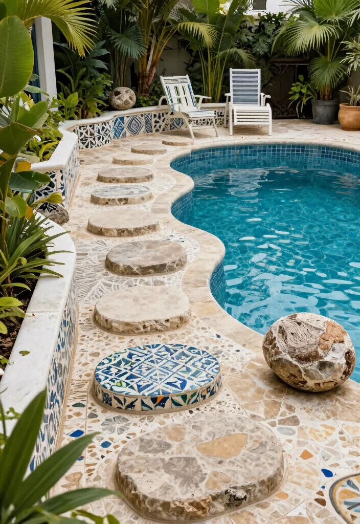 14 Poolside Landscaping Ideas for Shade, Safety, and Easy Care Beauty - 12. Choose Unique Hardscaping Elements 1