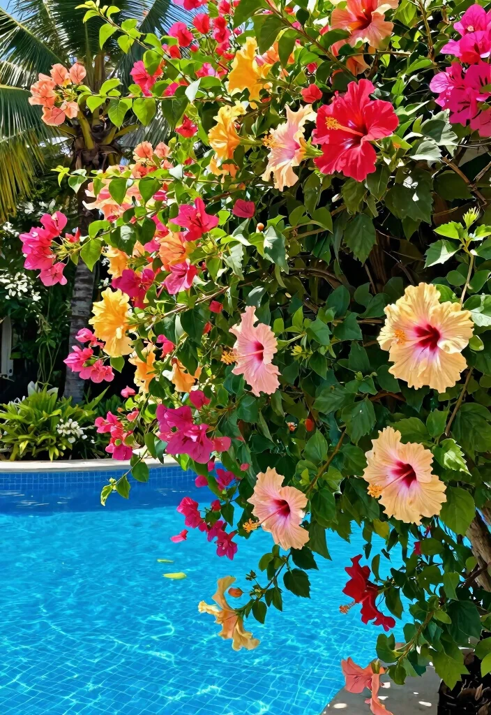 14 Poolside Landscaping Ideas for Shade, Safety, and Easy Care Beauty - 8. Choose Colorful Tropical Flowers 1
