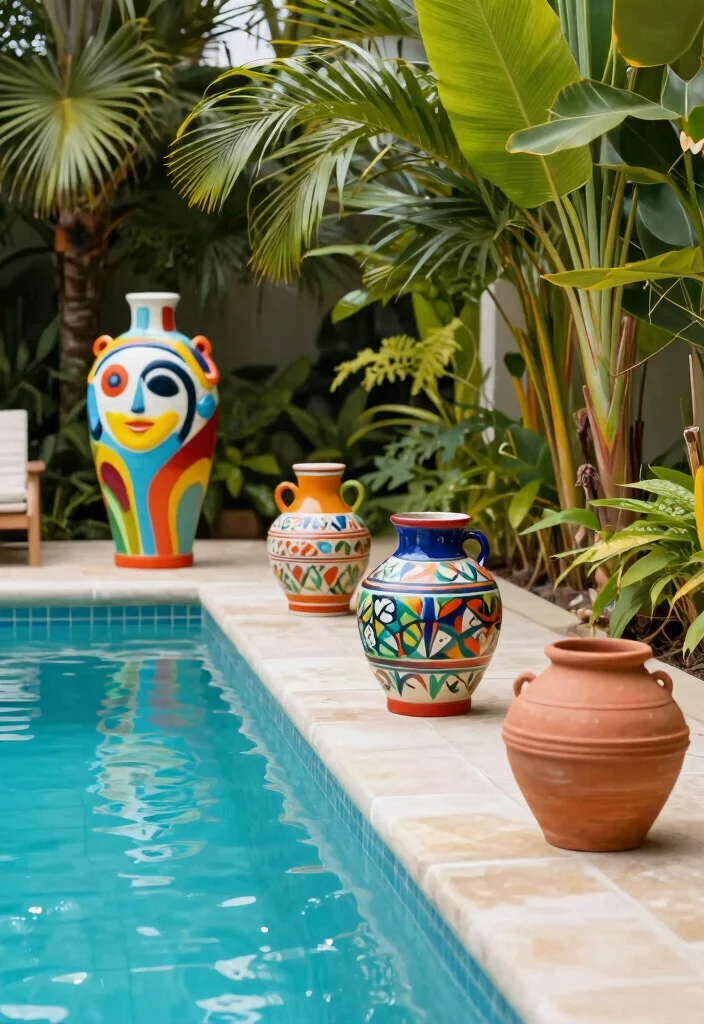 16 Pool Landscaping Ideas for Resort Style Relaxing and Low Maintenance Areas - 13. Incorporate Art 1
