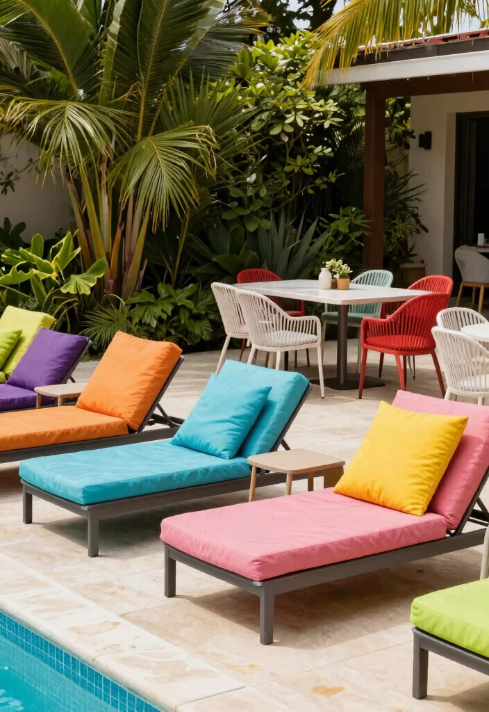 16 Pool Landscaping Ideas for Resort Style Relaxing and Low Maintenance Areas - 7. Colorful Outdoor Furniture 1