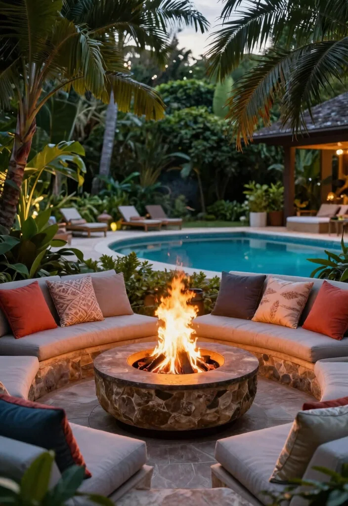 16 Pool Landscaping Ideas for Resort Style Relaxing and Low Maintenance Areas - 8. Fire Pit Fun 1